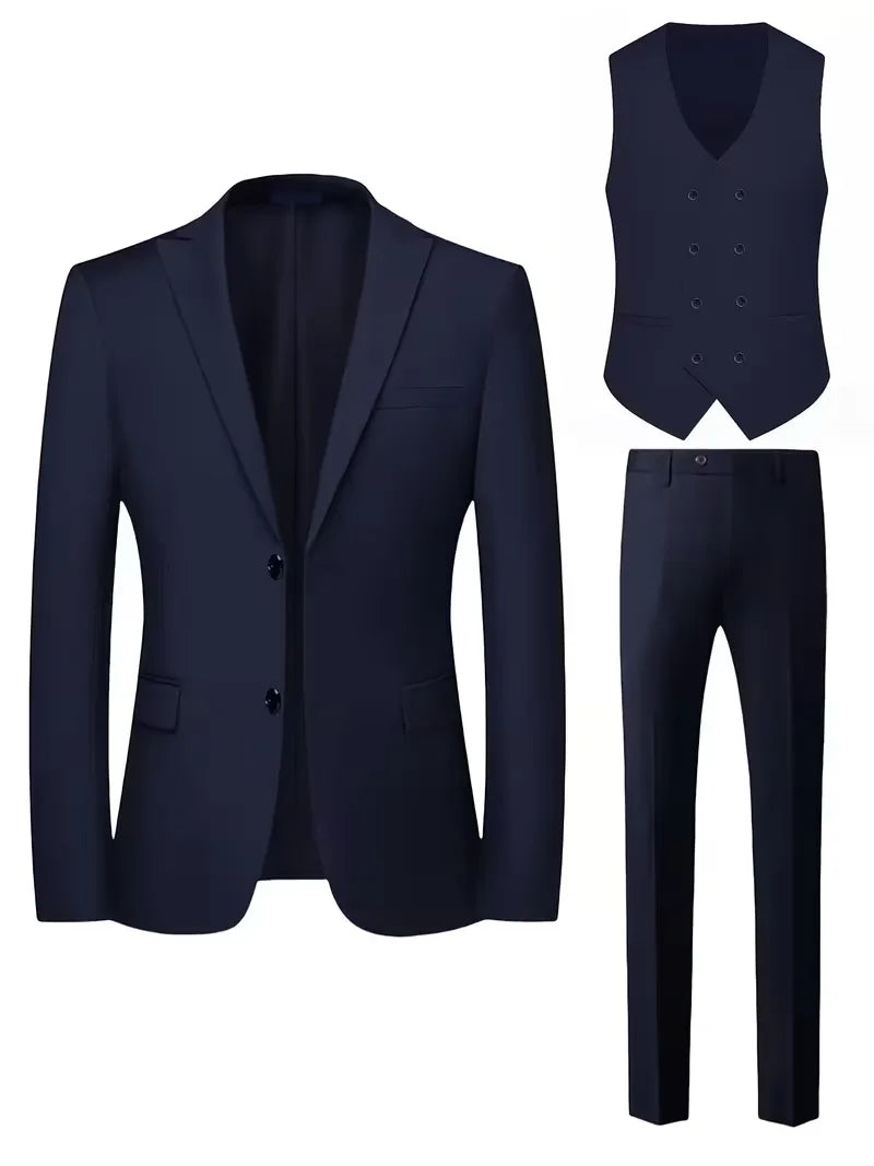 Three Piece Suit Set Men Woven Fabric Slim Fit Double Breasted Waistcoat Formal