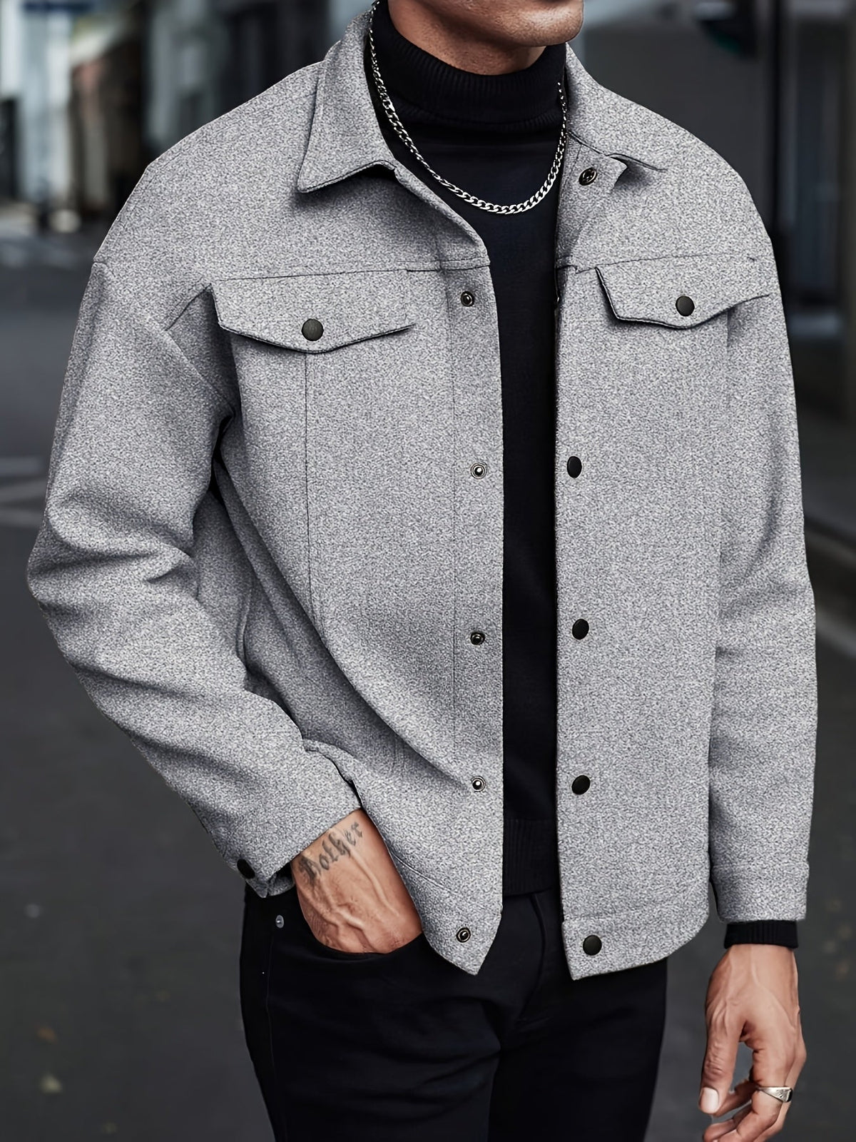 Men's Trucker Jacket Snap Button Textured Chest Pockets Slim Fit