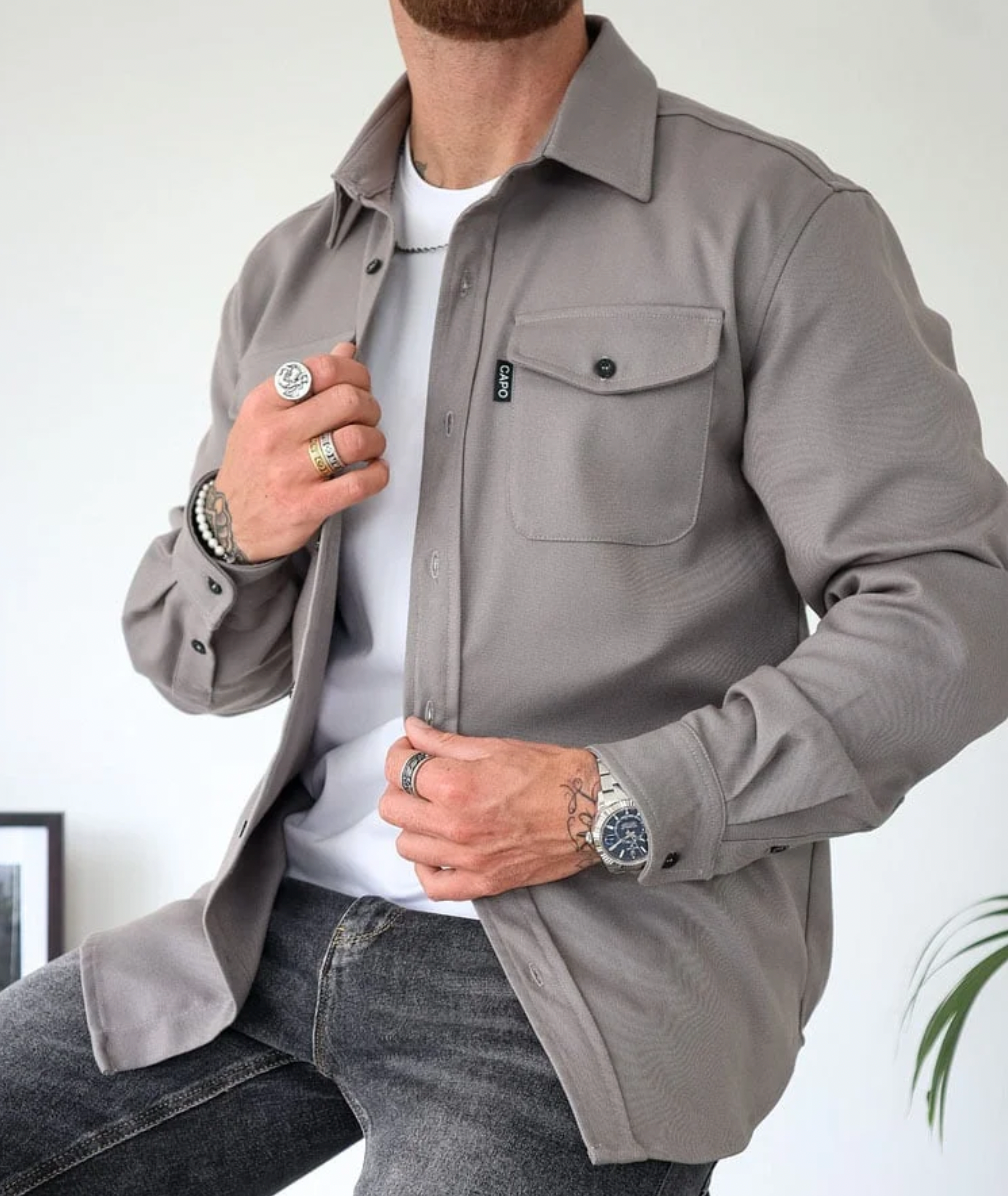 Men's Button-Up Shirt Jacket Chest Pockets Long Sleeve Casual Overshirt