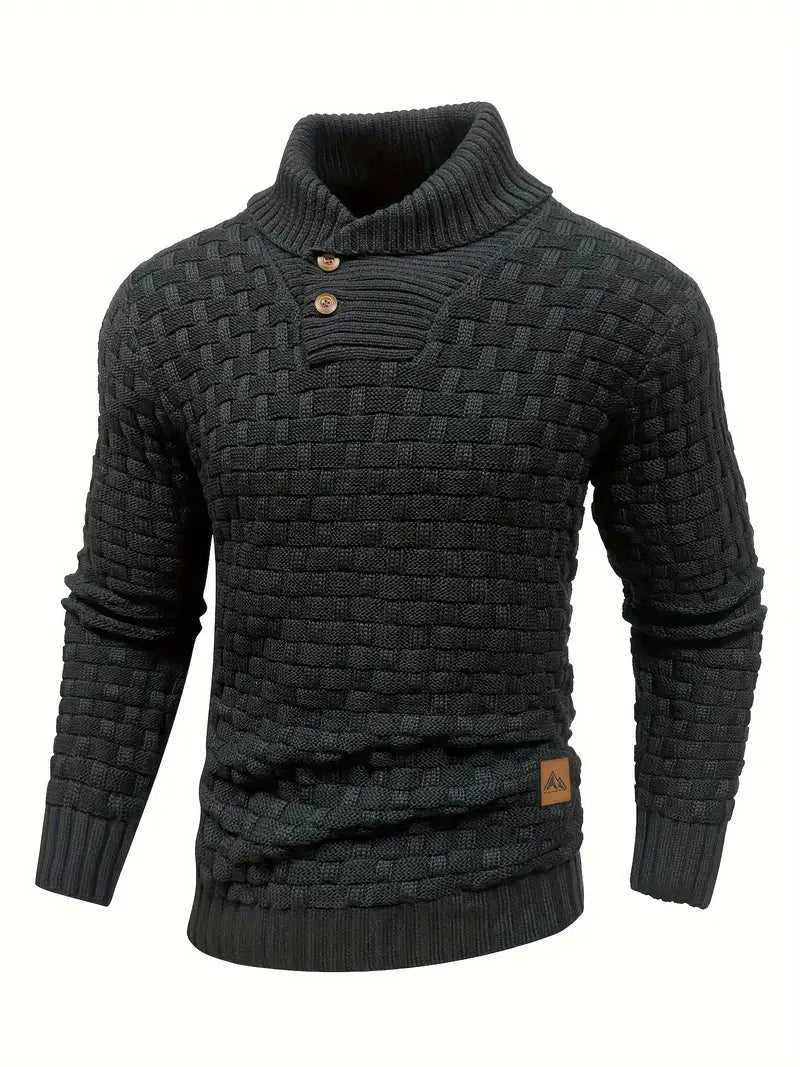Men's Shawl Collar Jumper Textured Knit Button Neck Ribbed Cuffs