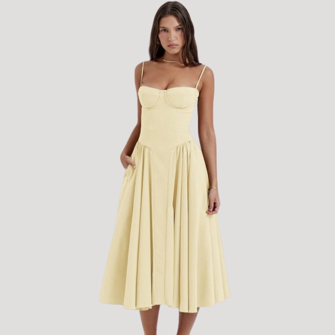 Strapless Midi Dress Women Ruched Fit and Flare Summer Dress
