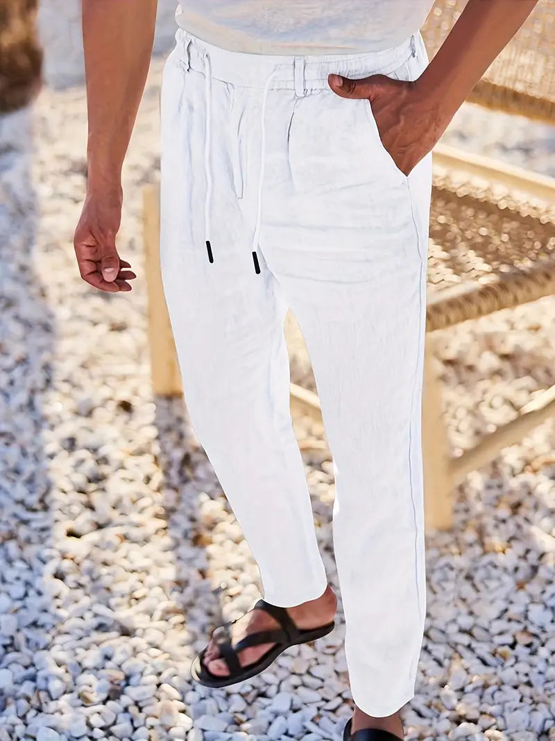 Trousers Linen Straight Fit Elasticated Drawstring Waist