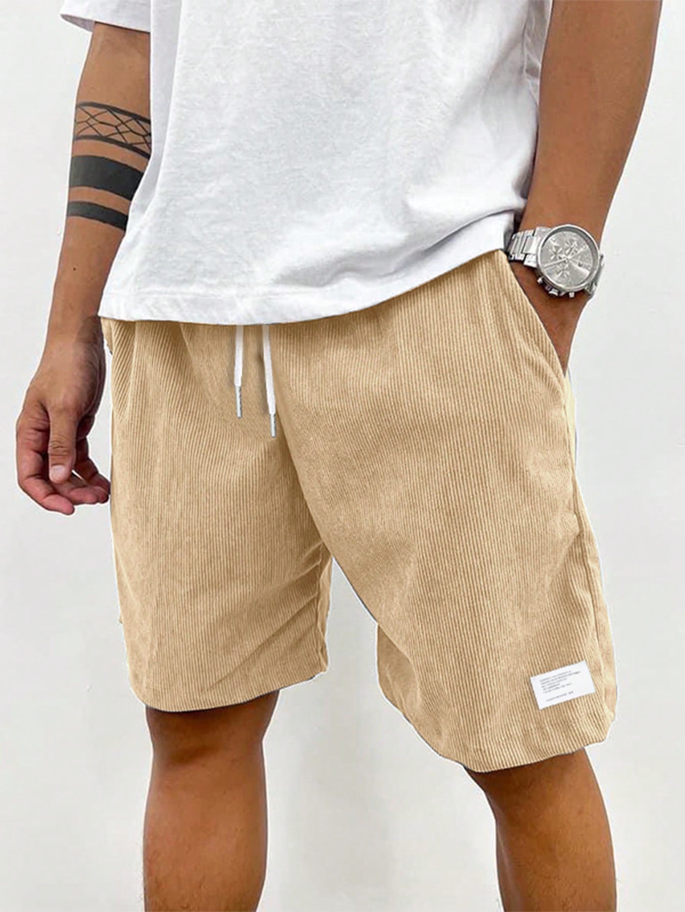 Shorts à cordon côtelés pour hommes, tissu extensible, coupe décontractée, mi-cuisse, décontracté