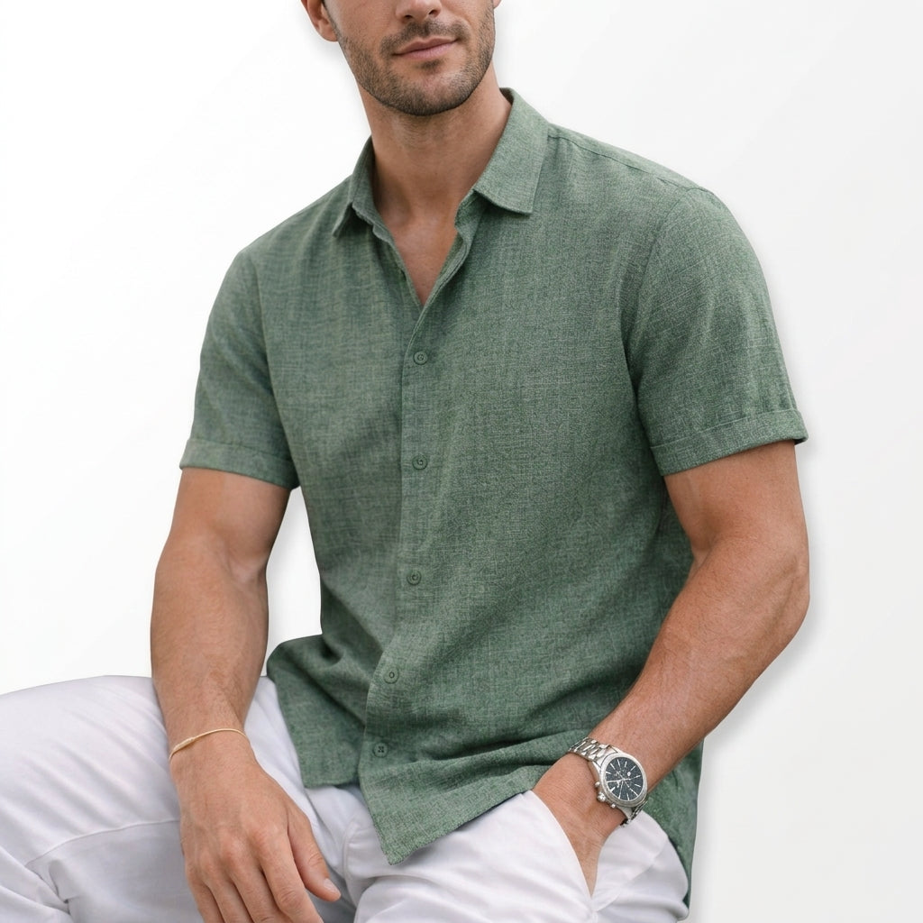 Men's Cotton Shirt Short Sleeve Spread Collar Button Down Tailored Fit