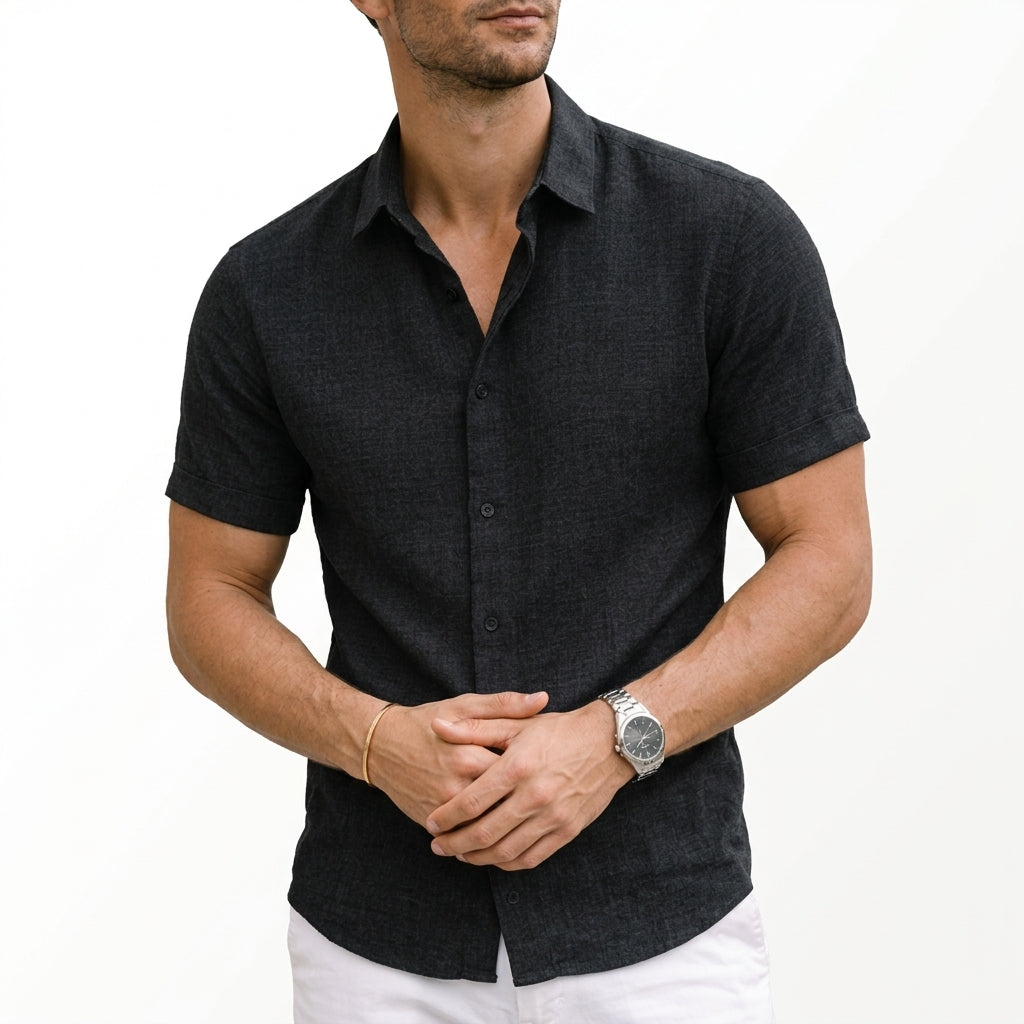 Men's Cotton Shirt Short Sleeve Spread Collar Button Down Tailored Fit
