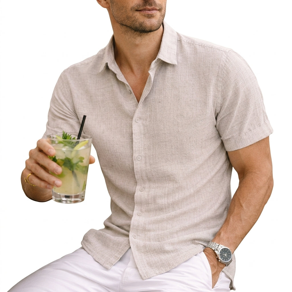 Men's Cotton Shirt Short Sleeve Spread Collar Button Down Tailored Fit