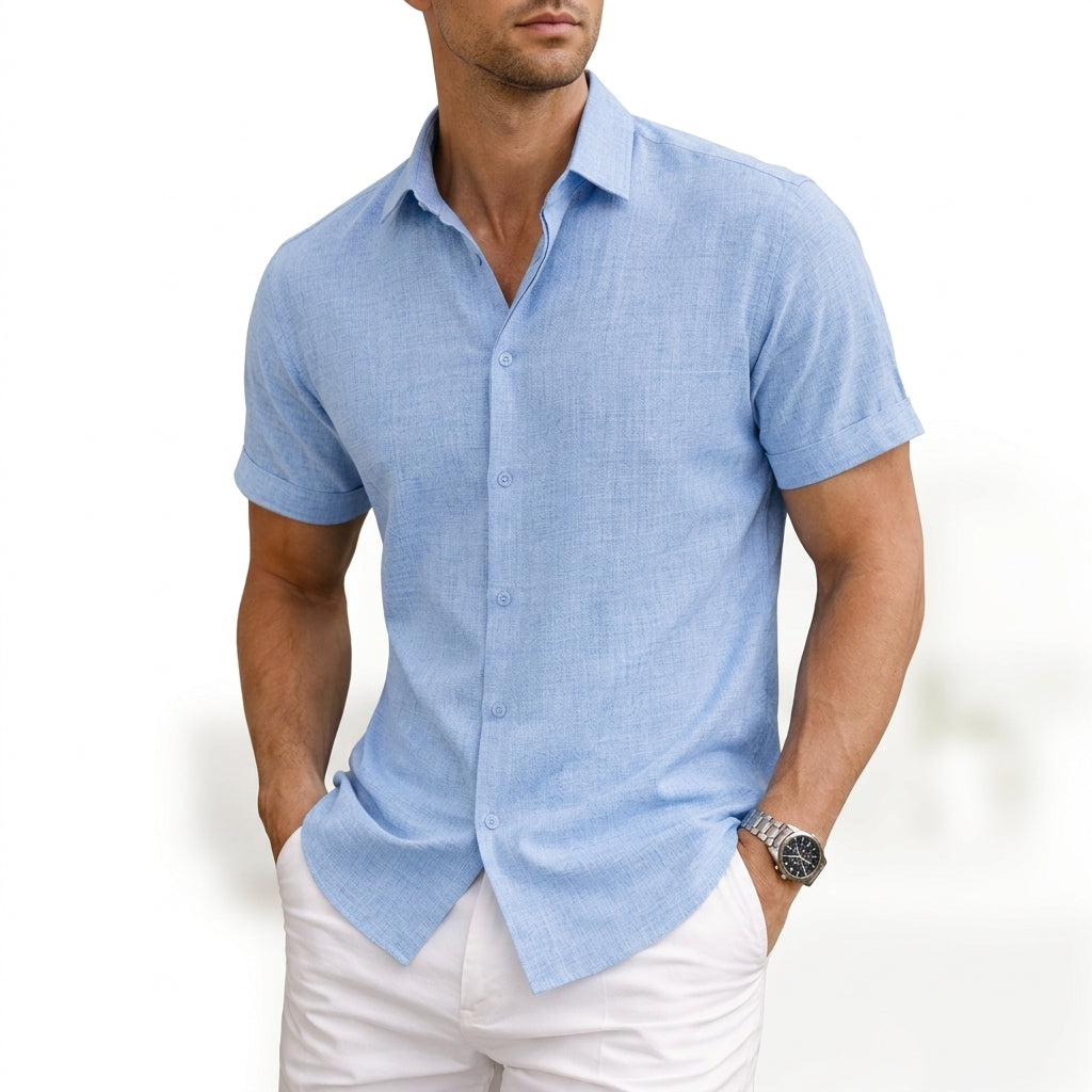 Men's Cotton Shirt Short Sleeve Spread Collar Button Down Tailored Fit