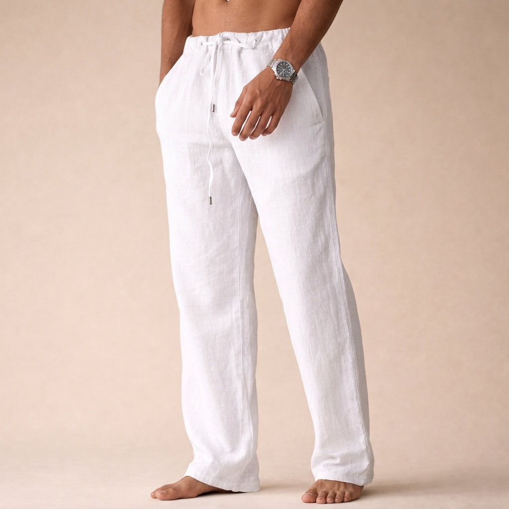 Men's Linen Trousers Drawstring Waist Straight Leg Casual