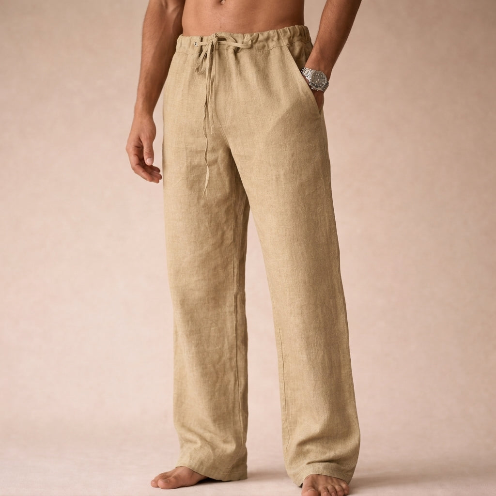 Men's Linen Trousers Drawstring Waist Straight Leg Casual