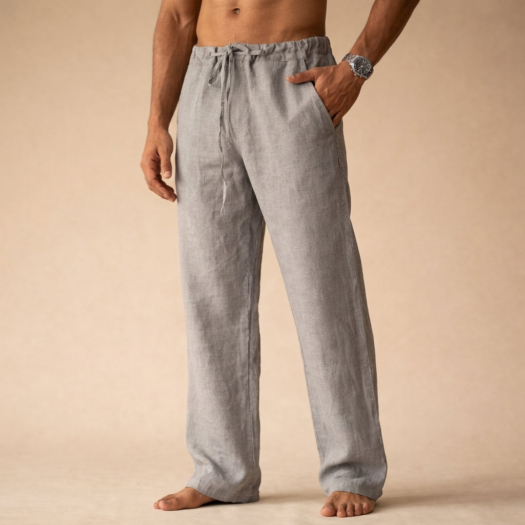 Men's Linen Trousers Drawstring Waist Straight Leg Casual
