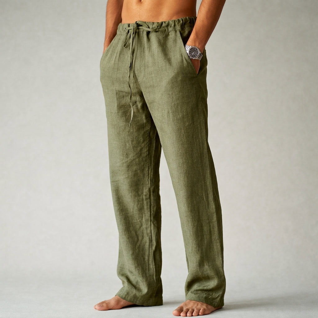 Men's Linen Trousers Drawstring Waist Straight Leg Casual
