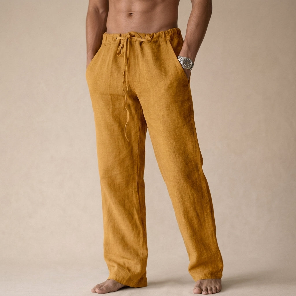 Men's Linen Trousers Drawstring Waist Straight Leg Casual