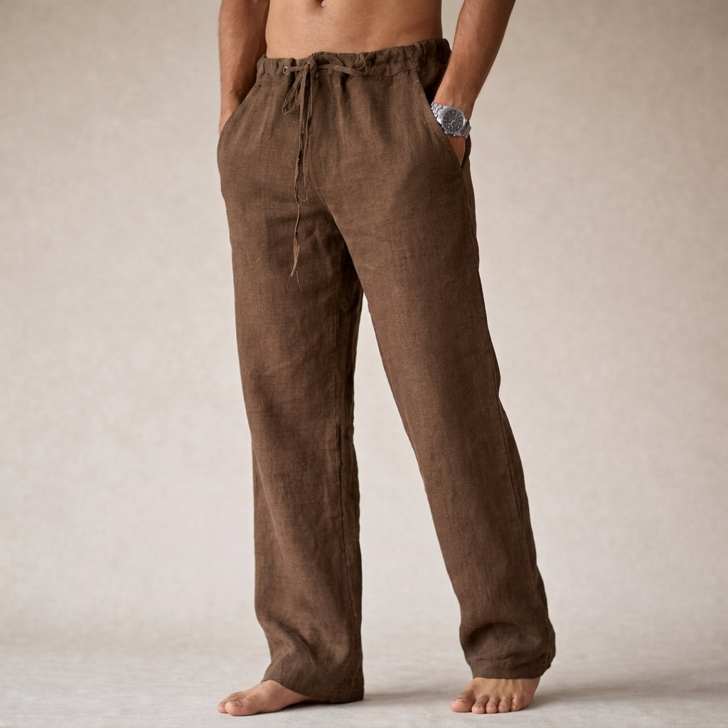 Men's Linen Trousers Drawstring Waist Straight Leg Casual
