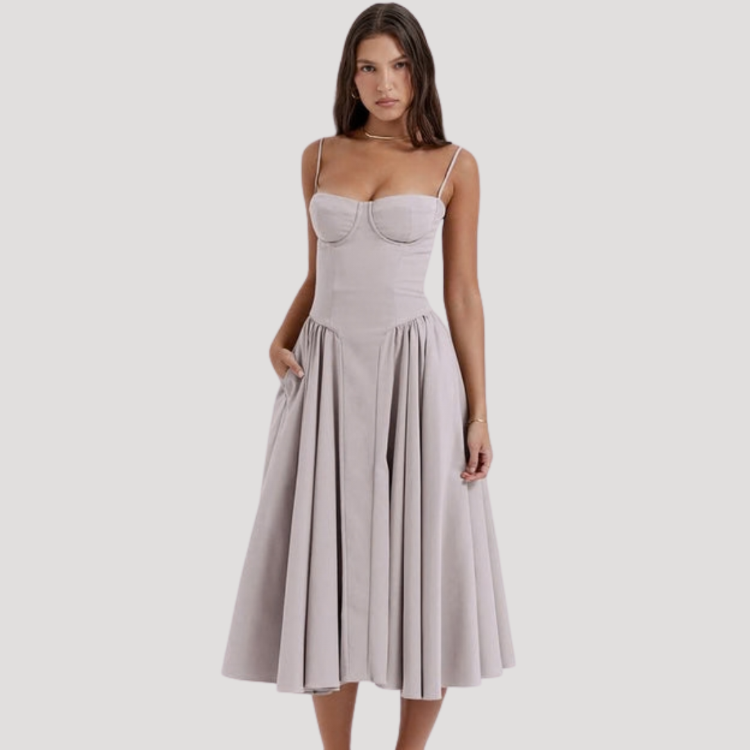 Strapless Midi Dress Women Ruched Fit and Flare Summer Dress