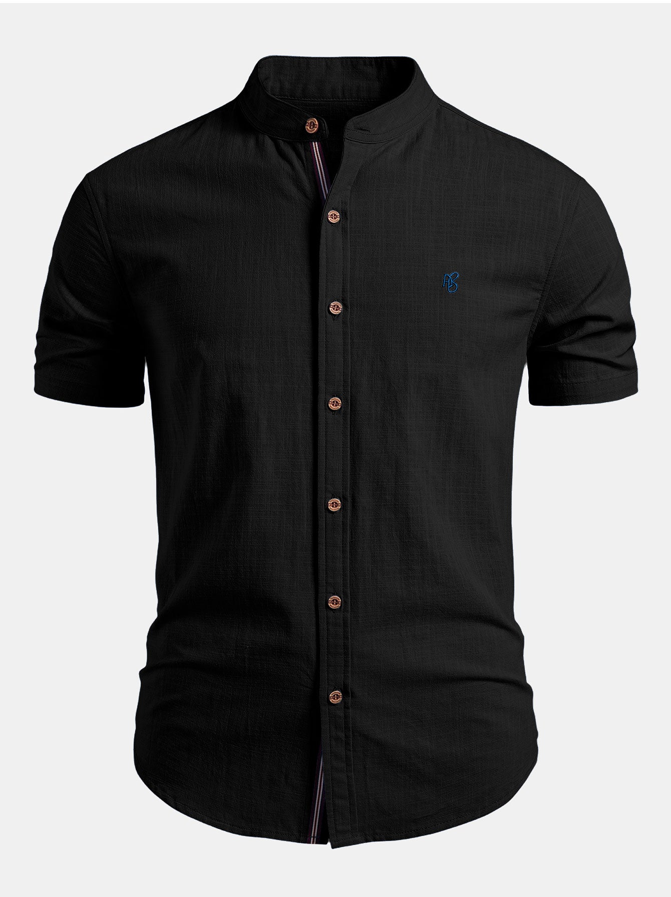 Men's Shirt Cotton Stand Collar Short Sleeve Button Front
