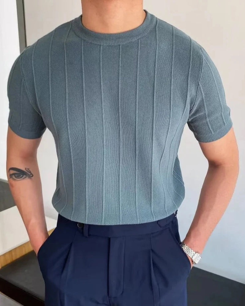 T Shirt Linen Cotton Ribbed Crew Neck