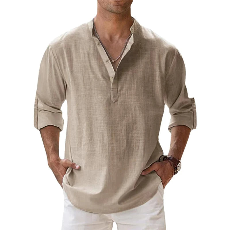 Men's Henley Linen Button Neck Long Sleeve