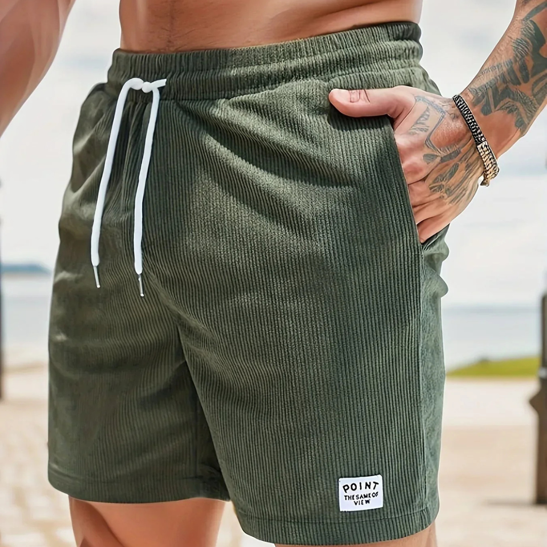 Shorts à cordon côtelés pour hommes en mélange de coton, coupe décontractée, mi-cuisse, poche avant, décontracté