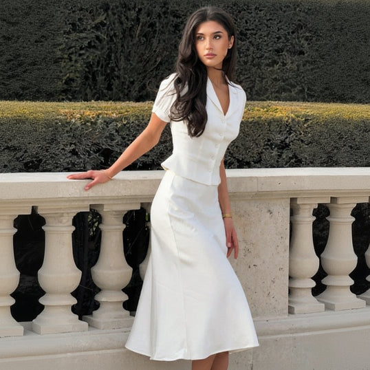 Women’s Satin Two-Piece Skirt Set with Button-Front Top