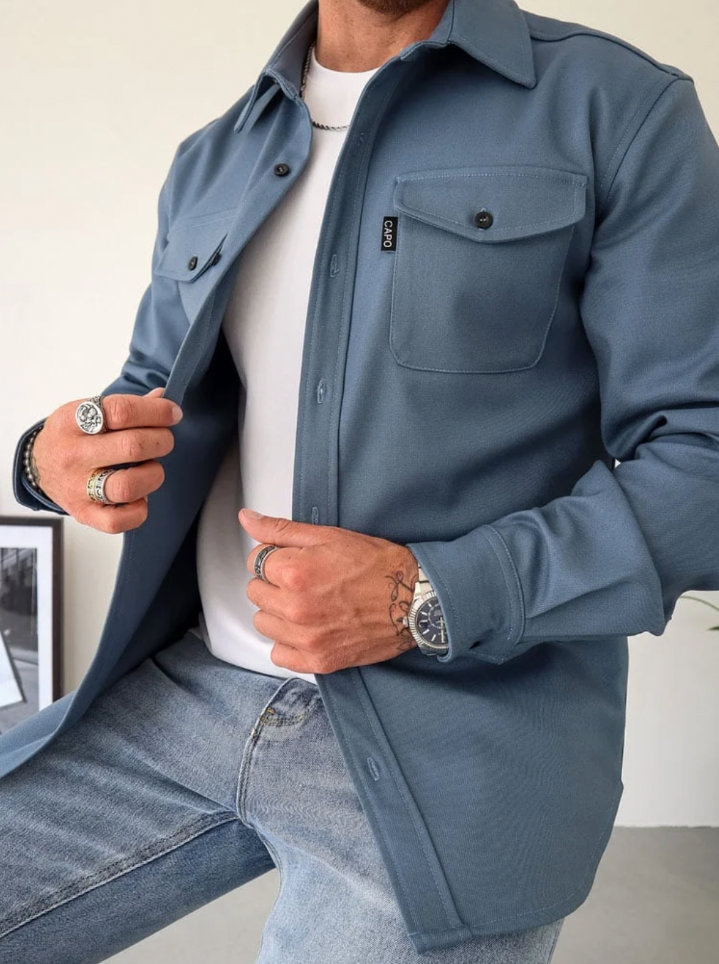 Men's Button-Up Shirt Jacket Chest Pockets Long Sleeve Casual Overshirt