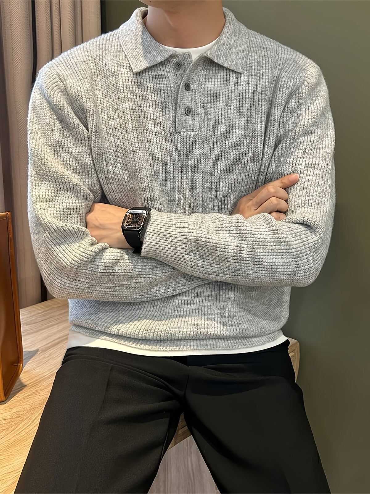 Men's Knitted Polo Ribbed Long Sleeve Stretch Cotton Blend