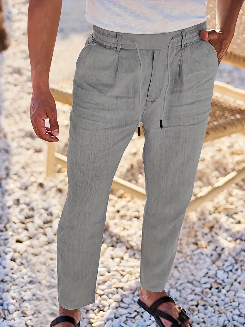 Trousers Linen Straight Fit Elasticated Drawstring Waist