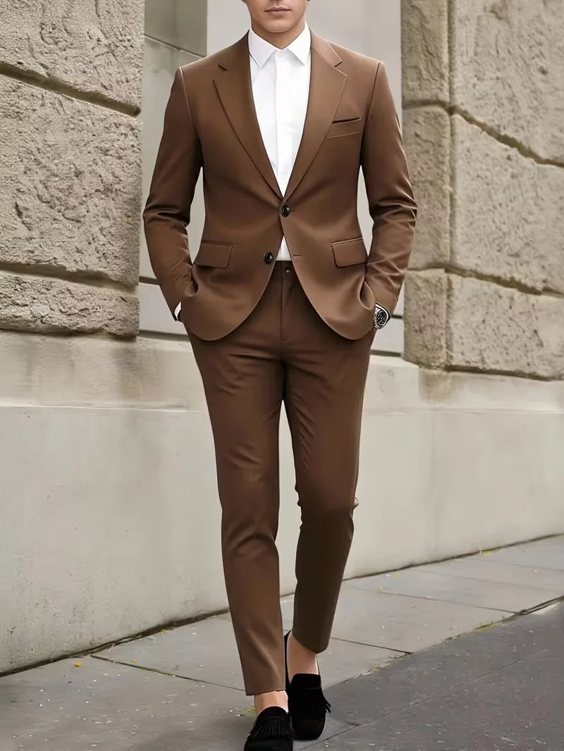 Slim Fit Suit Set Men Woven Fabric Notch Lapel Chest Pocket Straight Leg Ankle Length