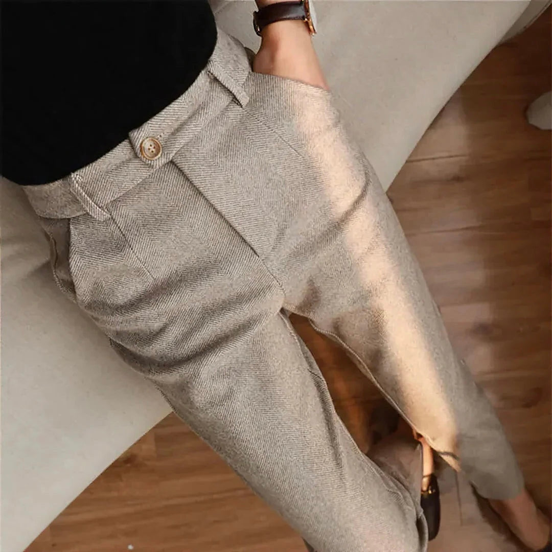 Trousers Herringbone Tapered Mid Rise Button Closure