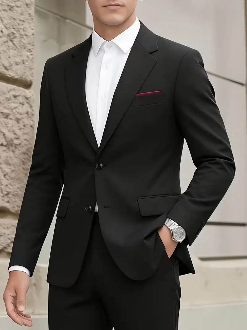 Slim Fit Suit Set Men Woven Fabric Notch Lapel Chest Pocket Straight Leg Ankle Length