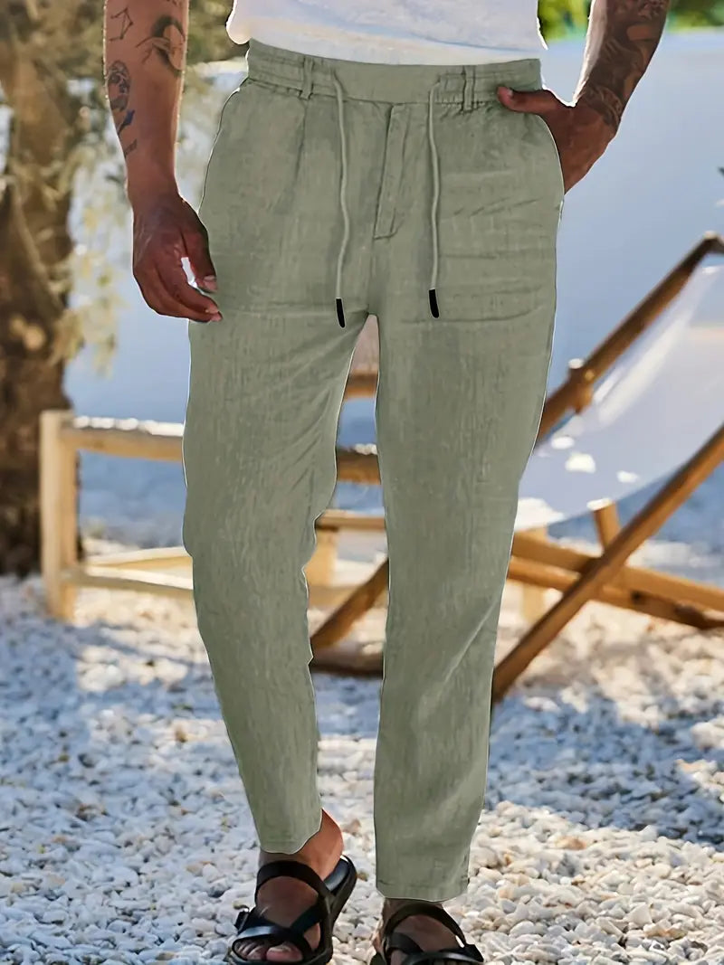 Trousers Linen Straight Fit Elasticated Drawstring Waist