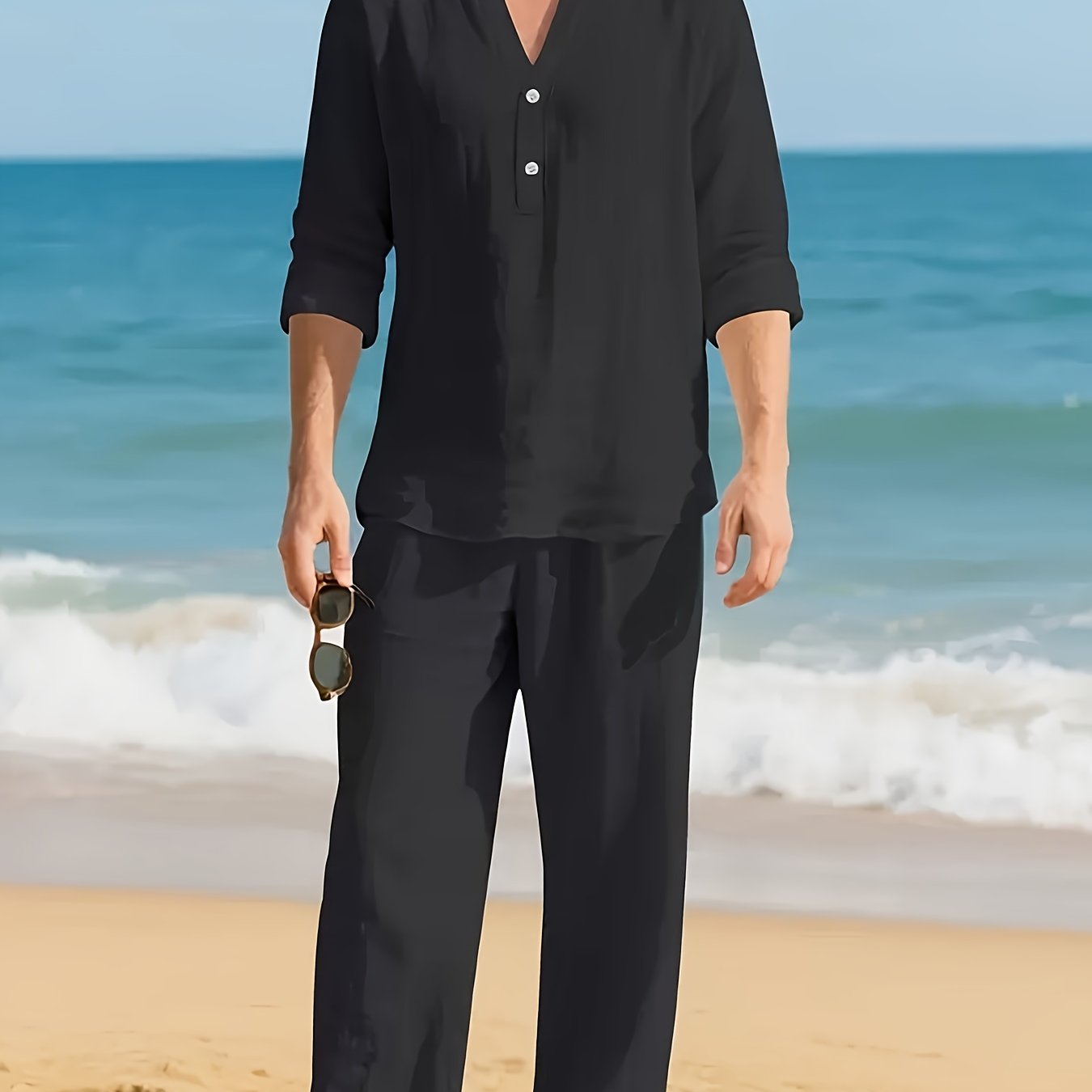 Men's Two Piece Set Linen Henley Relaxed Pants Casual Wear