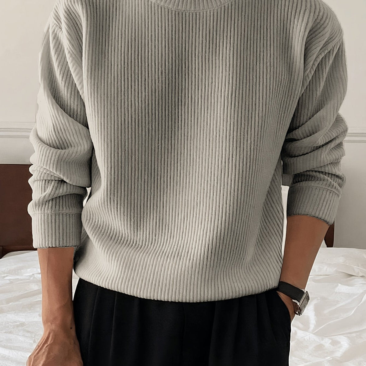 Men's Oversized Crew Neck Jumper Drop Shoulder Ribbed Knit Relaxed Fit