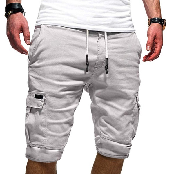 Shorts cargo pour hommes en mélange de coton, taille à cordon, coupe décontractée, mi-cuisse, décontracté