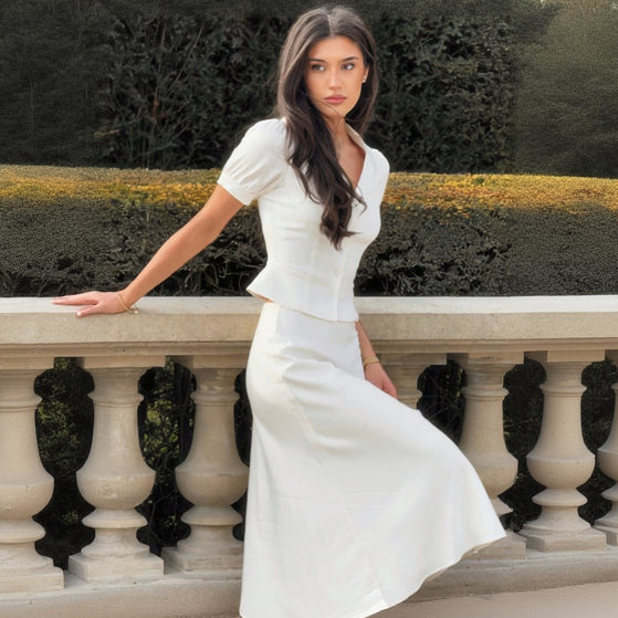 Women’s Satin Two-Piece Skirt Set with Button-Front Top