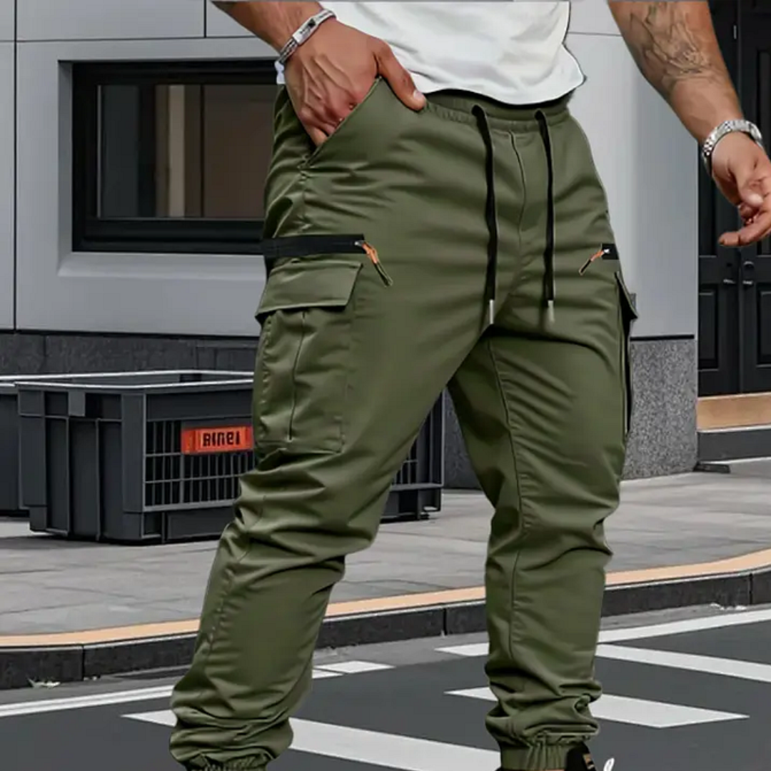 Men’s Tapered Cargo Joggers with Drawstring Waist and Elastic Ankle Cuffs
