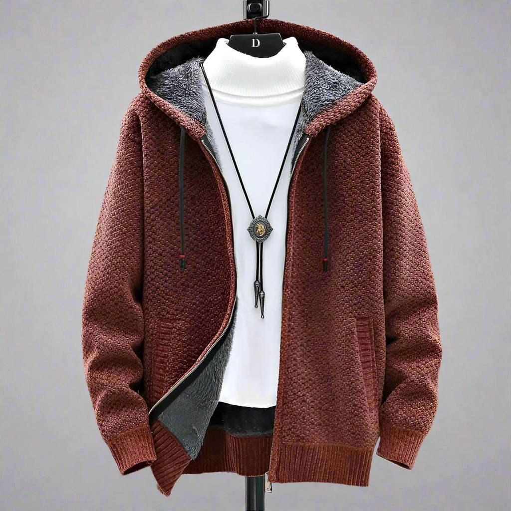 Men's Zip-Up Knitted Hoodie with Fleece-Lined Hood
