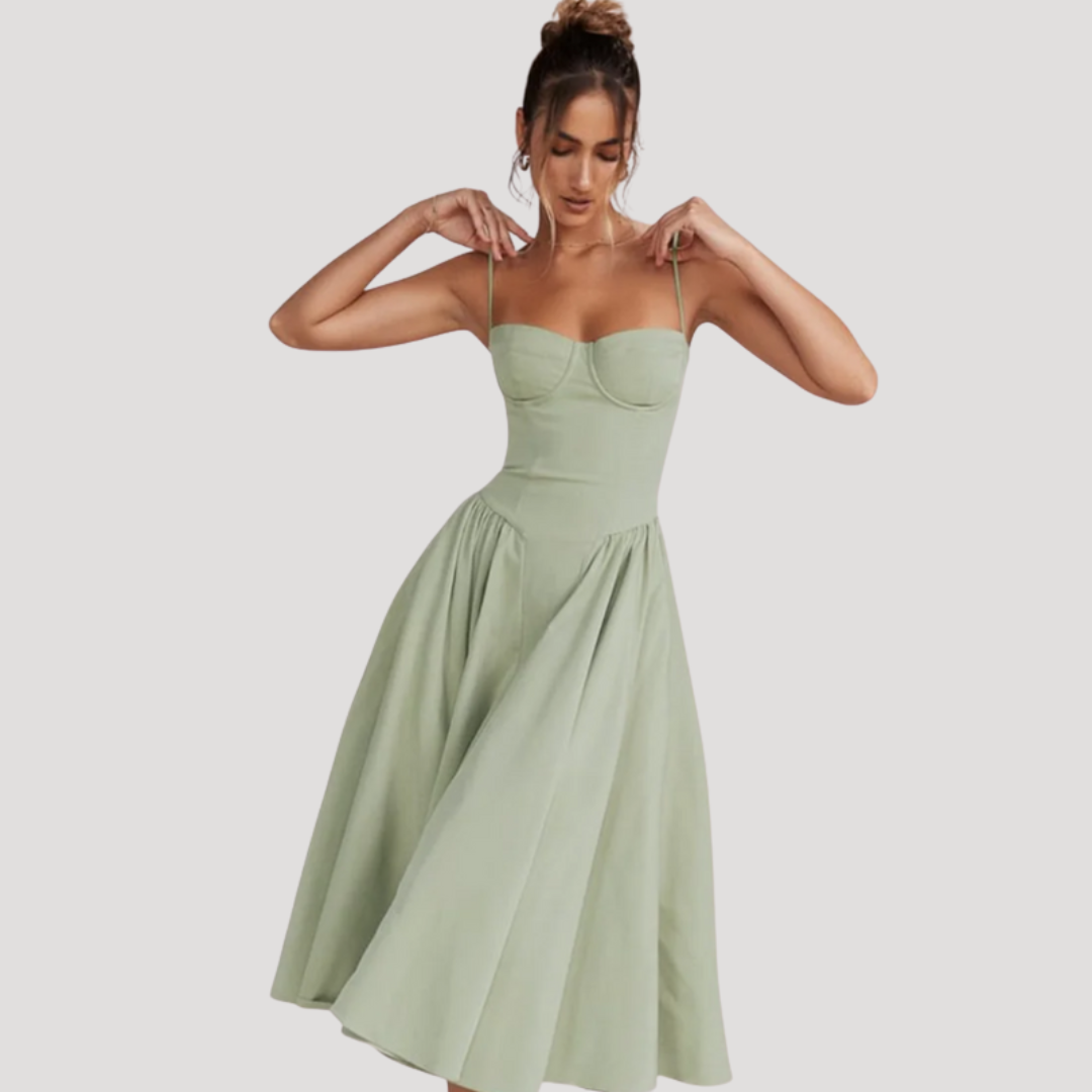Strapless Midi Dress Women Ruched Fit and Flare Summer Dress