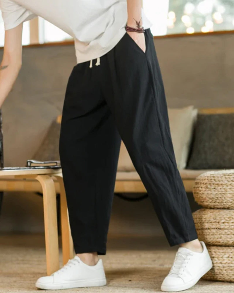 Trousers Cotton Linen Wide Fit Elasticated Waist