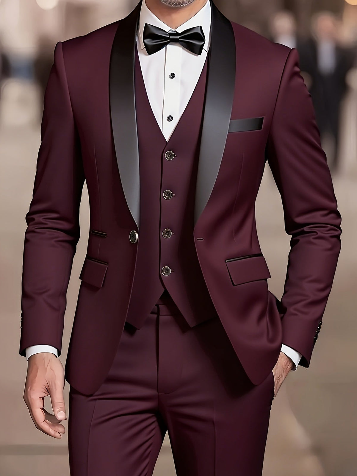 Men’s Slim Fit Three Piece Suit with Notch Lapel Jacket and Waistcoat