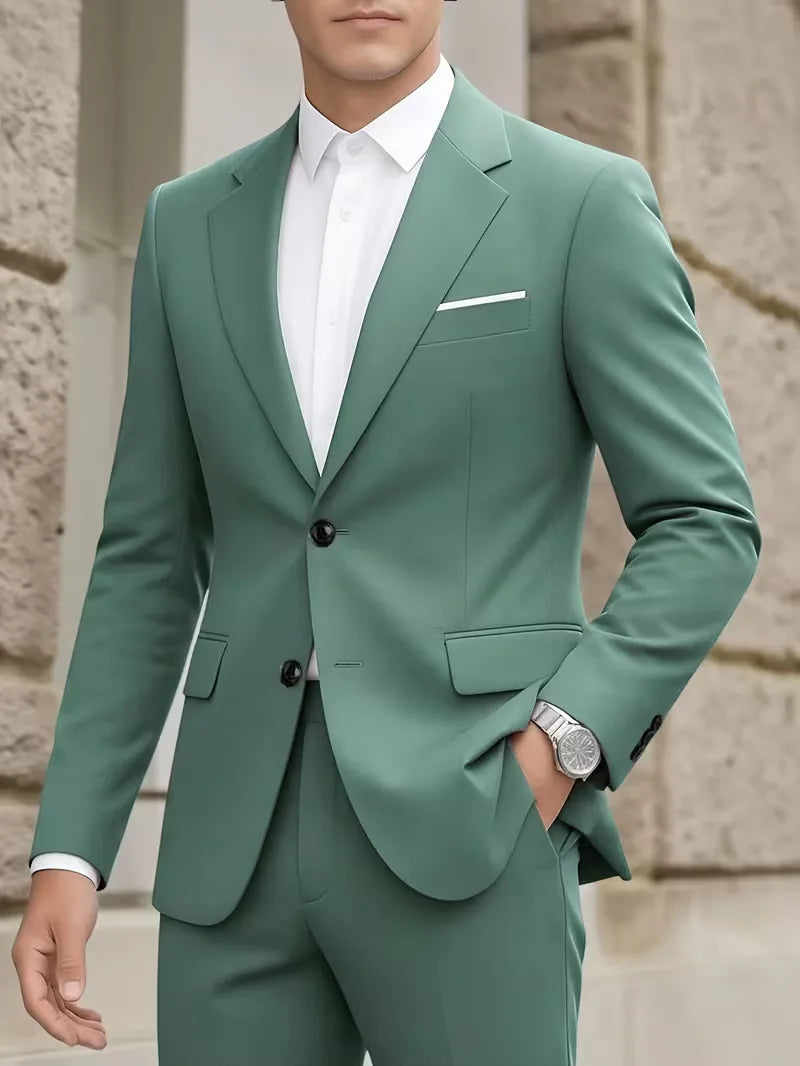 Slim Fit Suit Set Men Woven Fabric Notch Lapel Chest Pocket Straight Leg Ankle Length