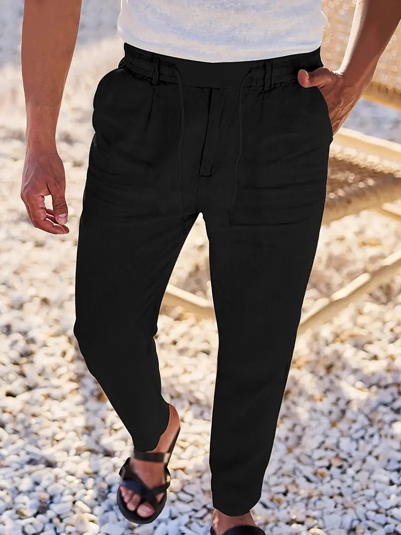 Trousers Linen Straight Fit Elasticated Drawstring Waist