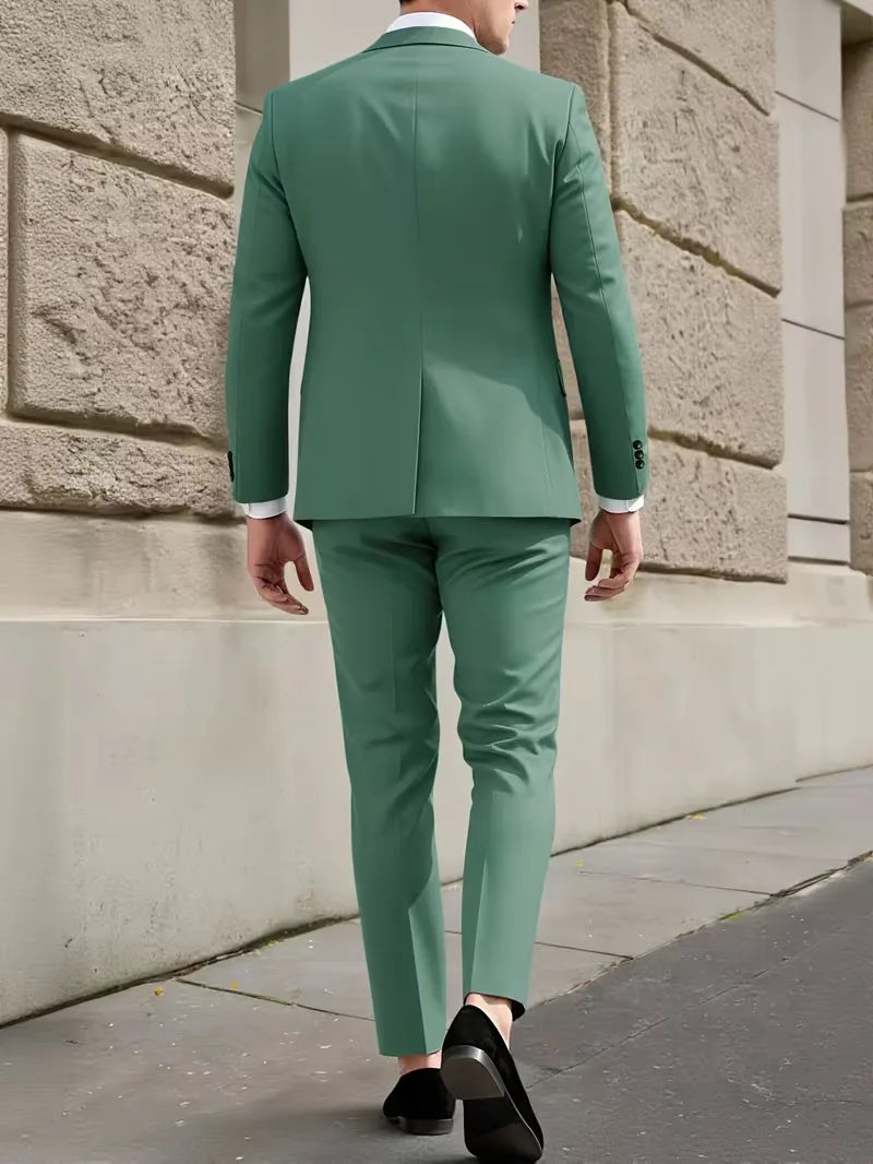 Slim Fit Suit Set Men Woven Fabric Notch Lapel Chest Pocket Straight Leg Ankle Length
