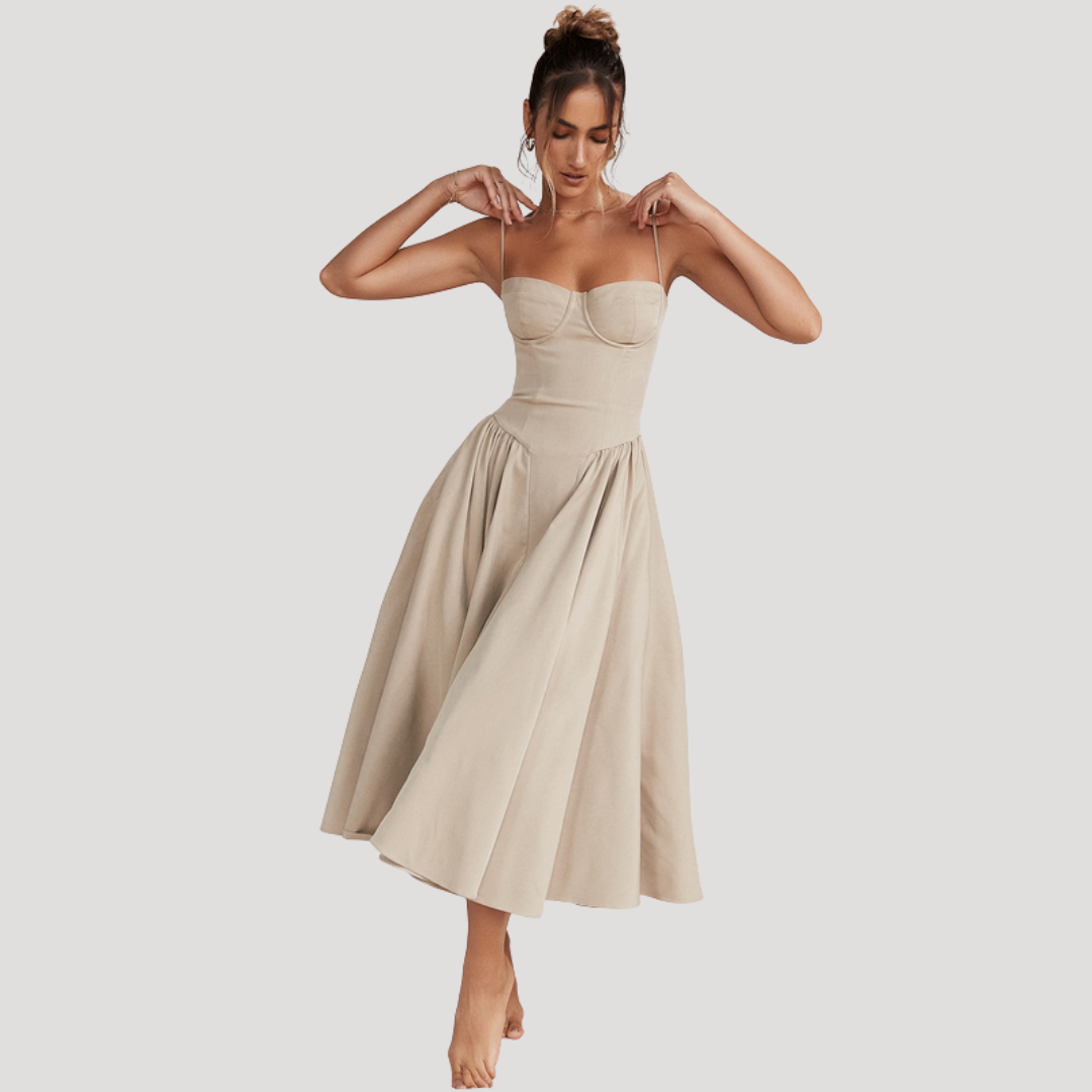 Strapless Midi Dress Women Ruched Fit and Flare Summer Dress