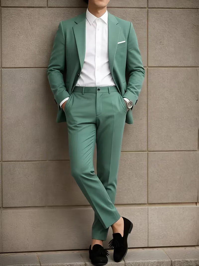 Slim Fit Suit Set Men Woven Fabric Notch Lapel Chest Pocket Straight Leg Ankle Length