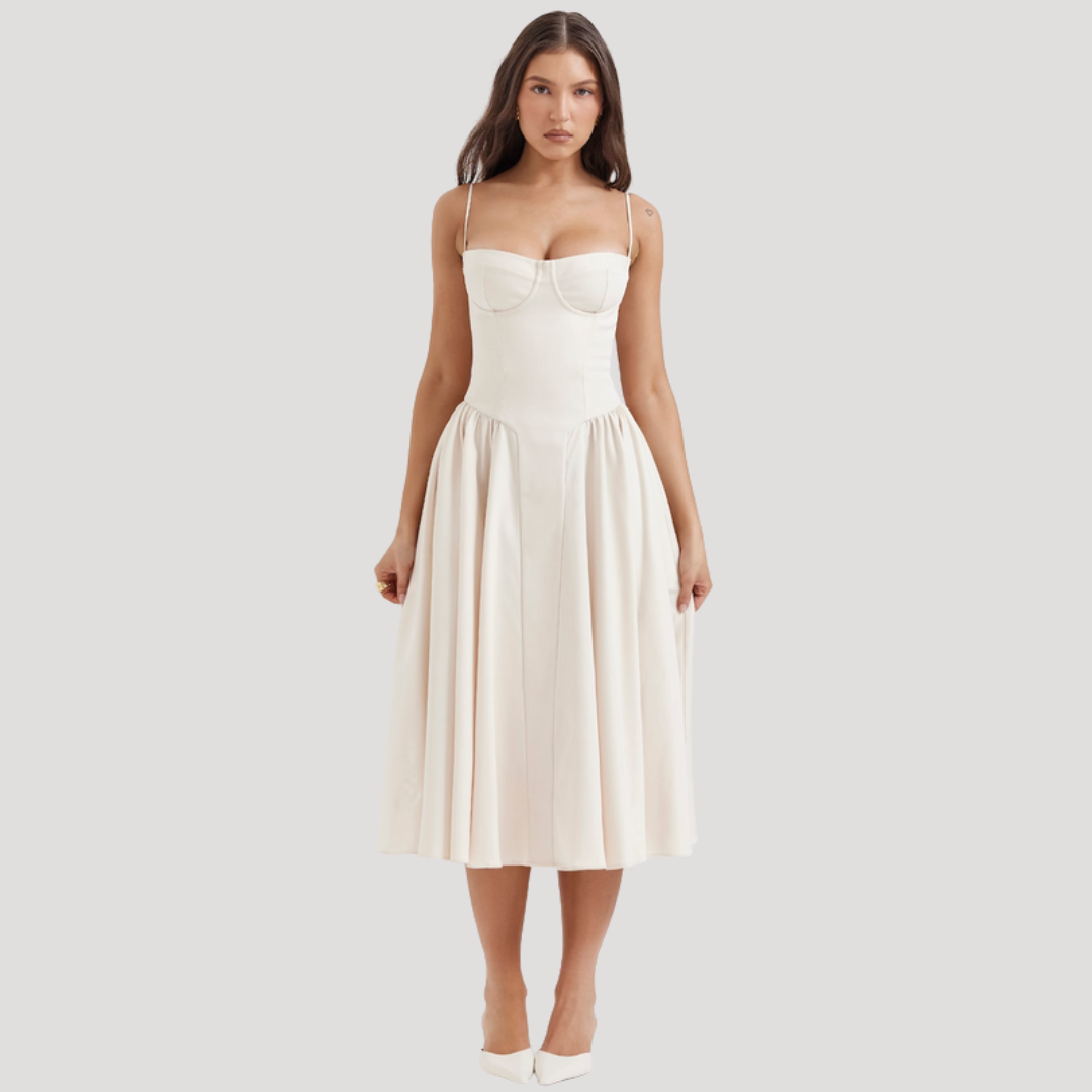 Strapless Midi Dress Women Ruched Fit and Flare Summer Dress