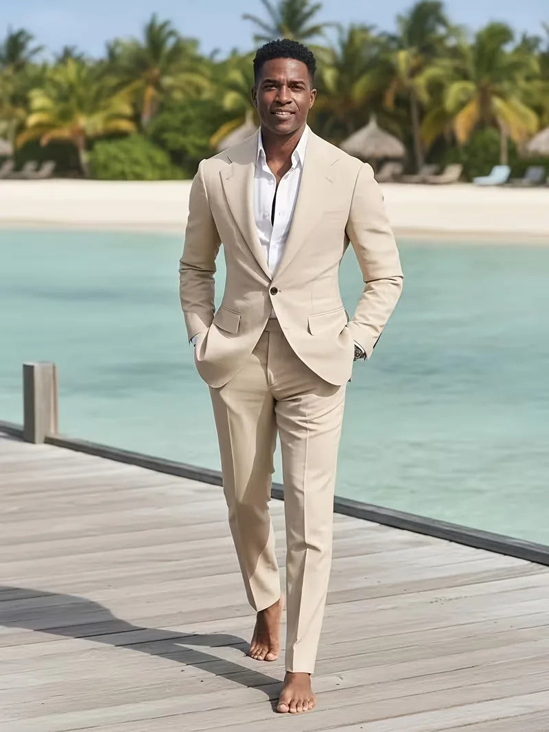 Slim Fit Suit Set Men Woven Fabric Notch Lapel Blazer Coordinated Trouser Smart Casual