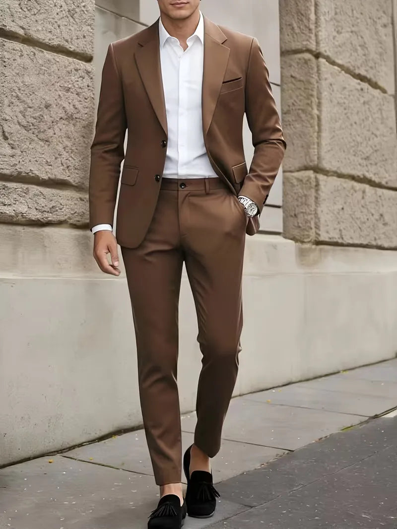 Slim Fit Suit Set Men Woven Fabric Notch Lapel Chest Pocket Straight Leg Ankle Length