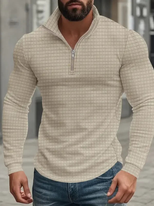 Men's Quarter Zip Pullover Ribbed Textured Stand Collar Long Sleeve