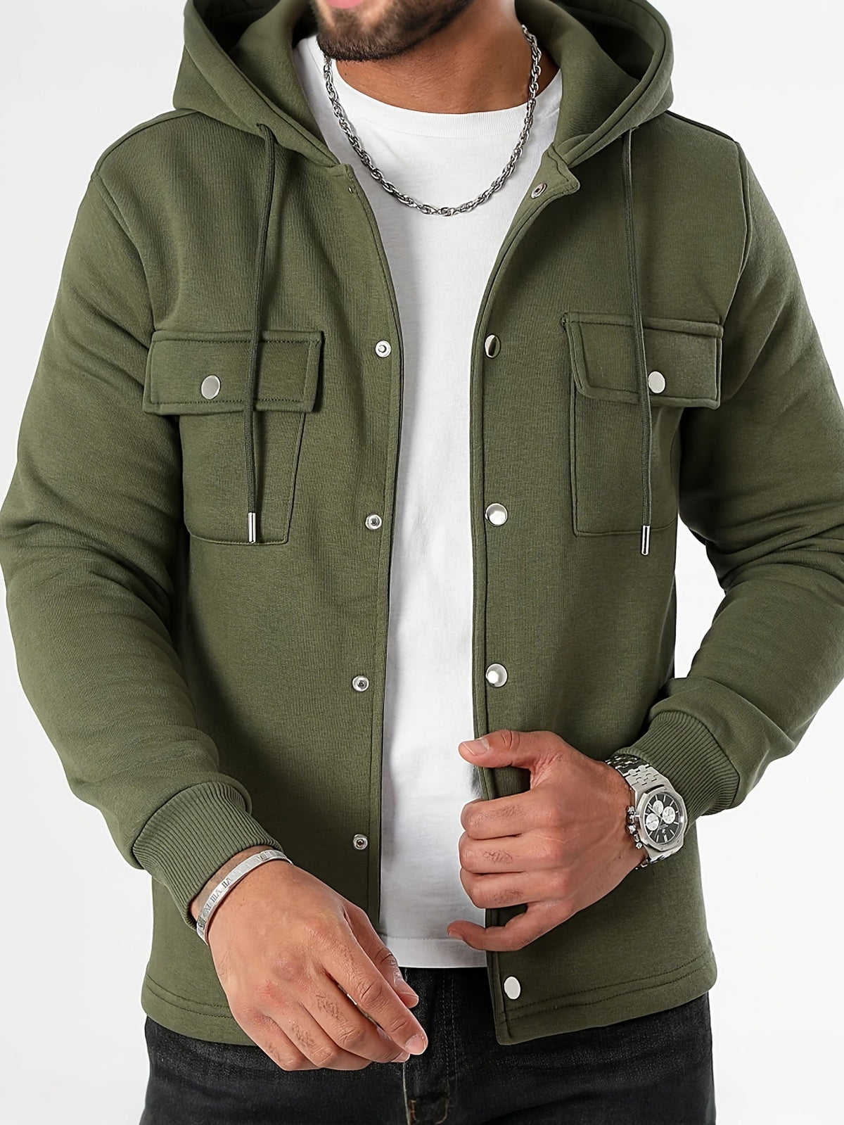 Men's Hooded Overshirt Knitted Shacket Chest Pockets Button Front
