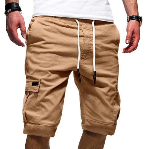 Shorts cargo pour hommes en mélange de coton, taille à cordon, coupe décontractée, mi-cuisse, décontracté